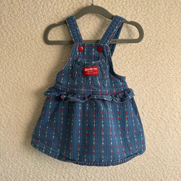 Vintage‎ RARE Osh Kosh B’Gosh Denim Logo Ruffle Spell Out Heart Dress 24 Months